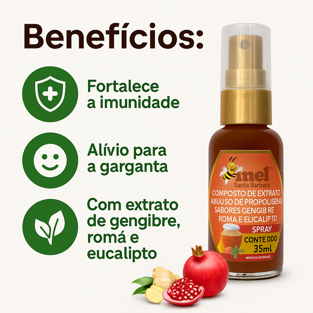 Detalhes do Spray de Mel e Própolis Gengibre, Romã e Eucalipto 35ml | Santa Bárbara | Imunidade e Alívio Natural