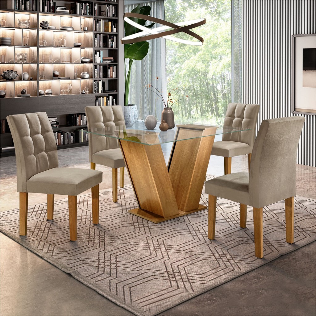 Conjunto Sala de Jantar Mesa Classic Tampo de Vidro 4 Cadeiras Vitória  Ypê/Pena - Home & Living