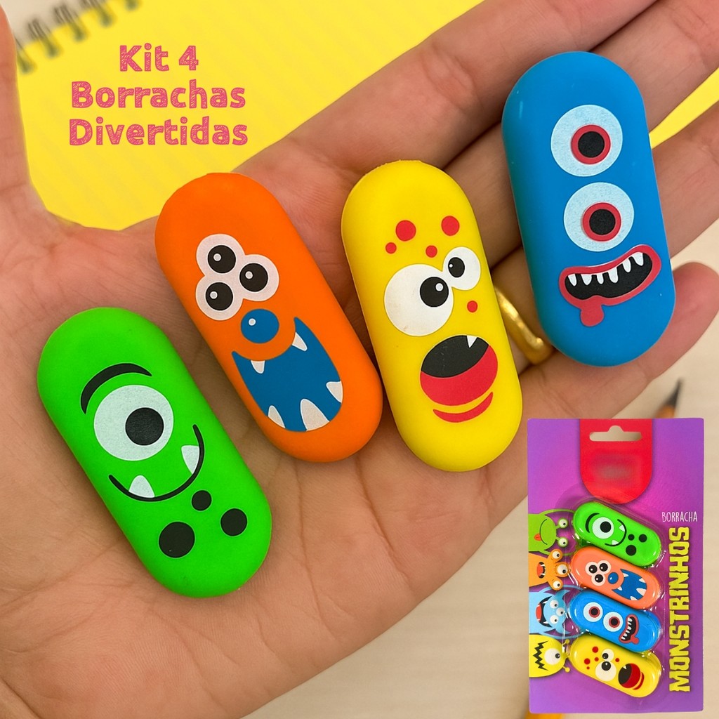 Kit 4 Borrachas Monstrinhos Ideal Para Escolas Estilo kawaii - Estojo Perfeito