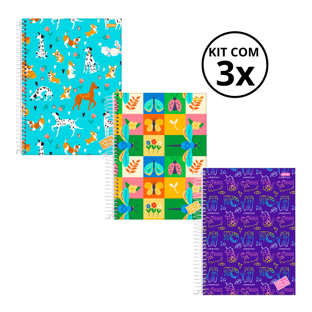 Kit 03 Cadernos Universitário 20 Matérias 320 Folhas Stella - Jandaia CAPA:Cachorro/Jardim/Gato em Oferta na Shopee