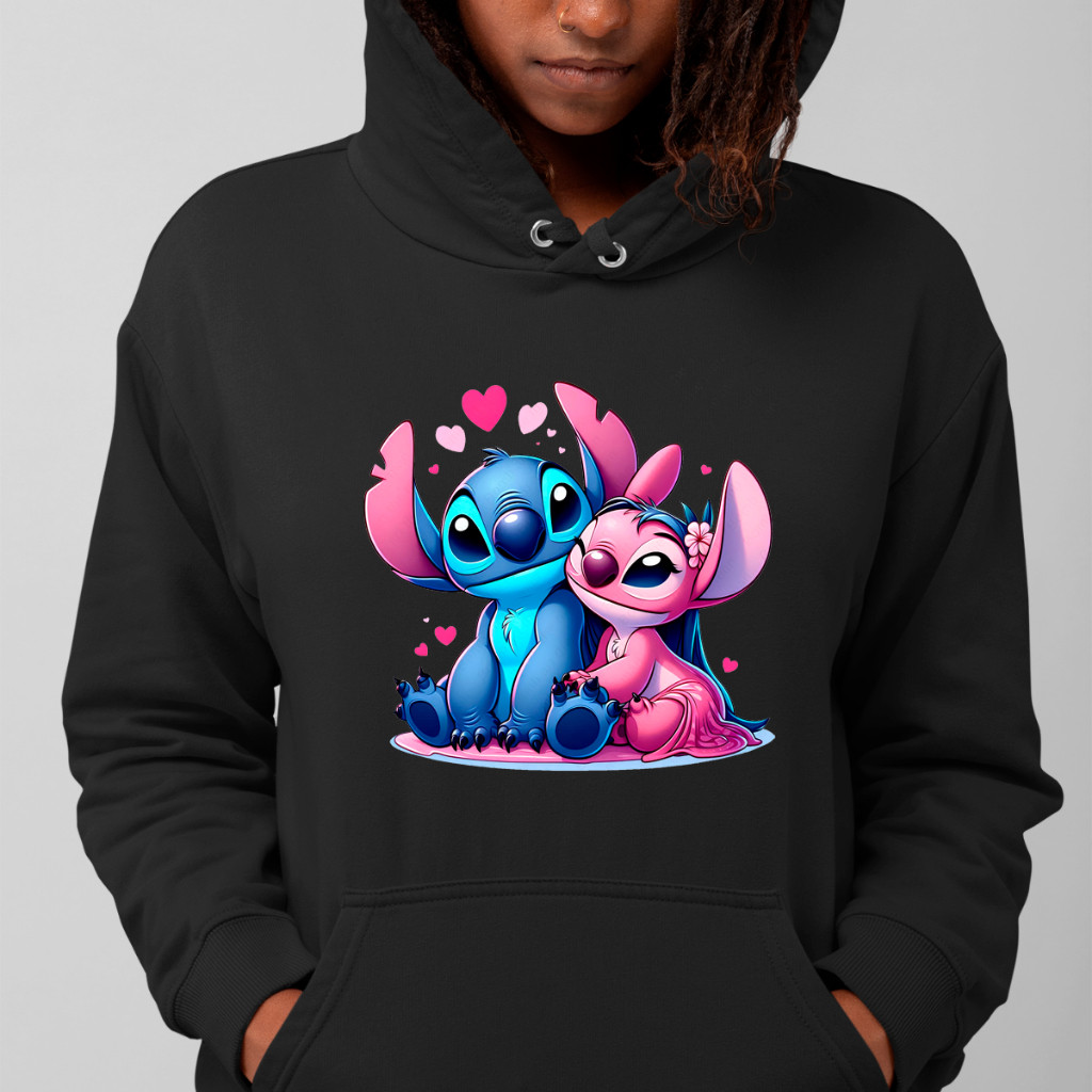 Moletom Canguru Feminino Estampa Casal Lilo Stitch Abraçando Super Fofos Algodão Confortavel