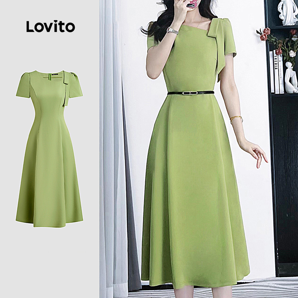 Lovito Vestido Elegante Assimétrico com Laço  Vestido Verde de Primavera/verão para mulheres L142ED227 em Oferta na Shopee