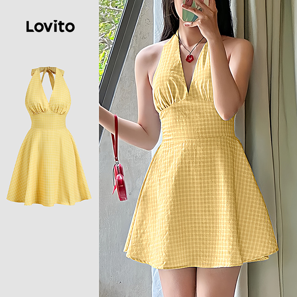 Lovito Vestido Casual de Verão/primavera Amarelo com Costas Presas  Drapeado  para Mulheres L144AD085 em Oferta na Shopee