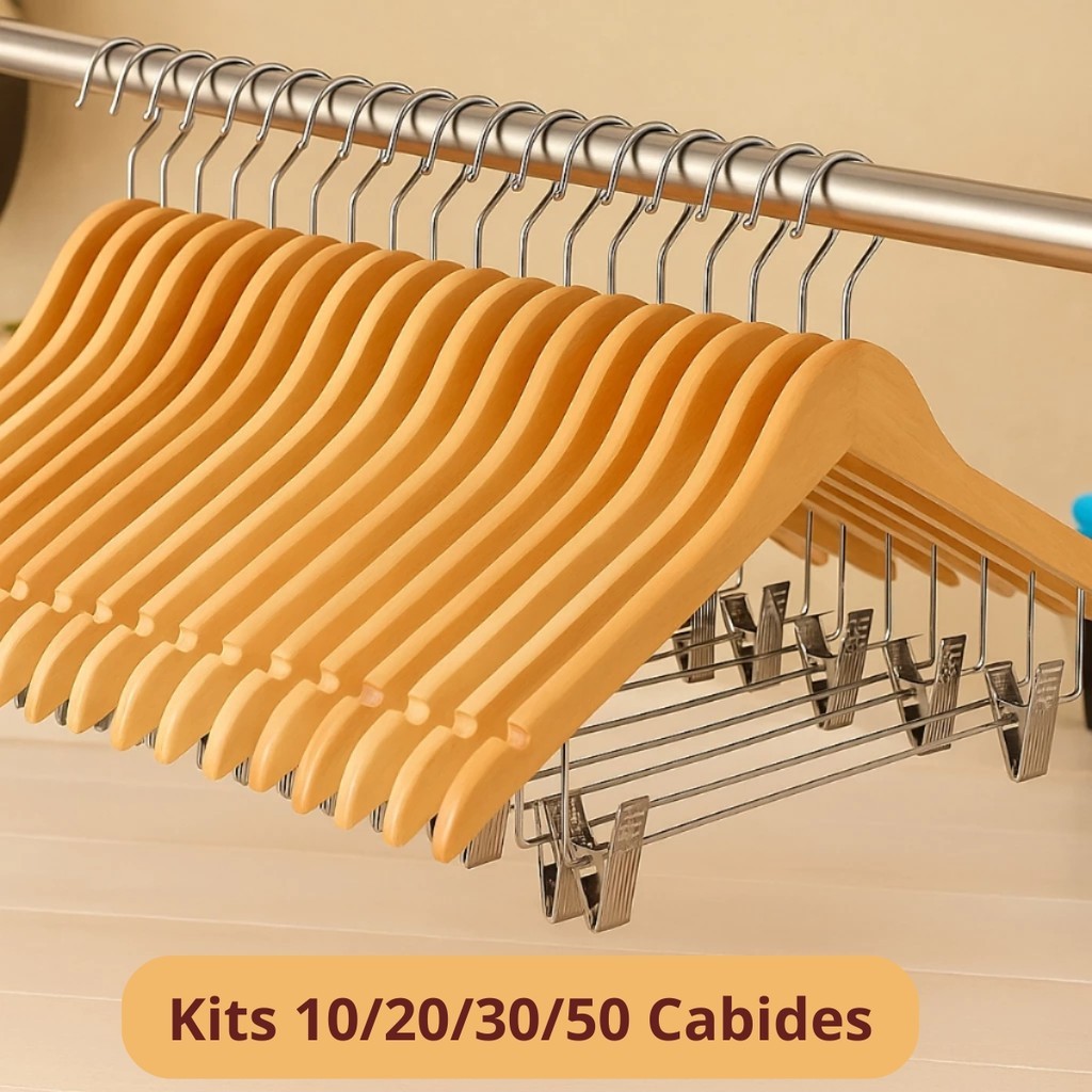 Kit 10/20/30/50 Cabides de Madeira Com Presilha De Aço Para Guarda-Roupa Bermuda Saia Calça