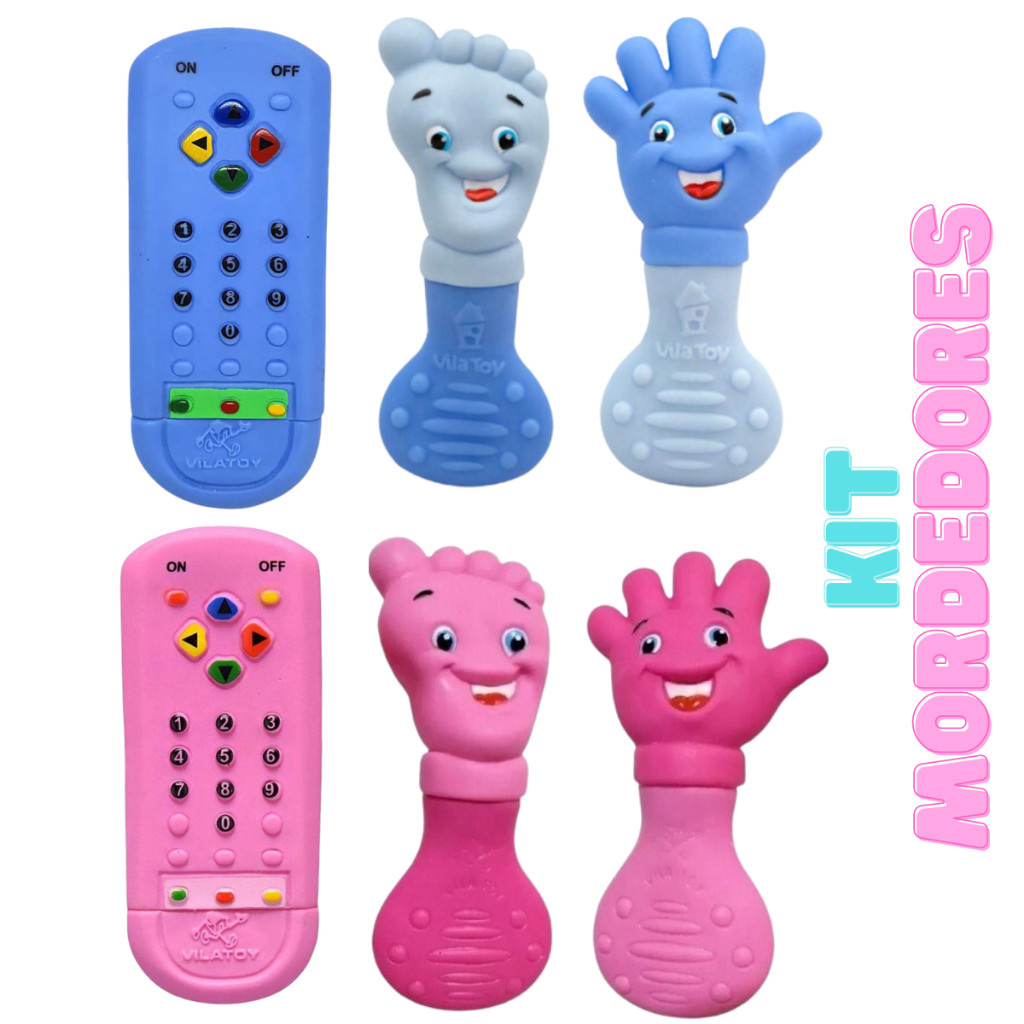 Kit Mordedor Bebê Super Macio Anti Stress Gengiva Controle + Mãozinha + Pezinho Azul e Rosa