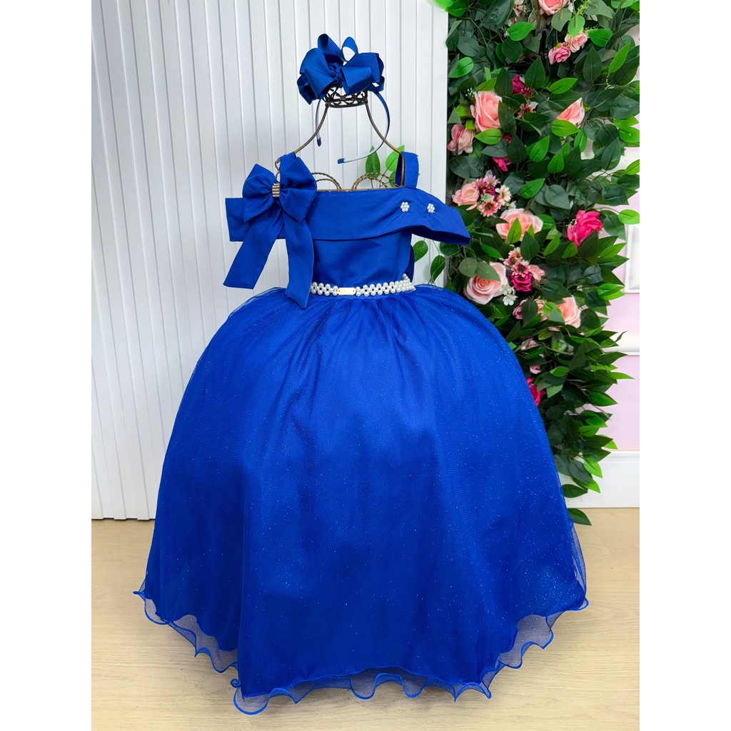 Vestido Infantil Menina Longo Azul Royal Dama De Honra Daminha Formatura Glitter Casamento Noivinha