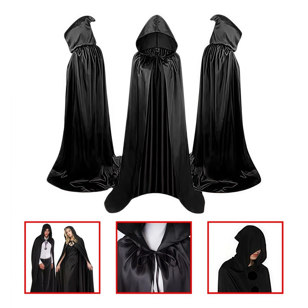 Capa Preta De Vampiro Com Capuz Fantasia Halloween Bruxa 140cm/160cm