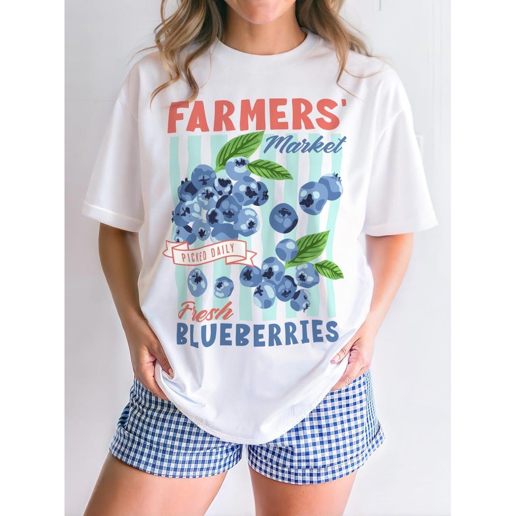 Camiseta Feminina Casual Streetwear Estampa de Mirtilos Mercado de Agricultores Fruta Retro Berry Envio Imediato