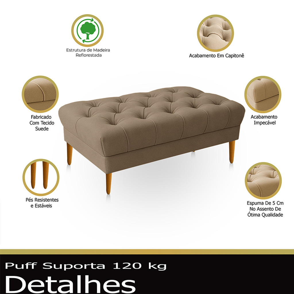 Puff Retrô Luiz XV Capitonê Retangular 100 cm Estofado Decorativo Sala de Estar Suede Capuccino