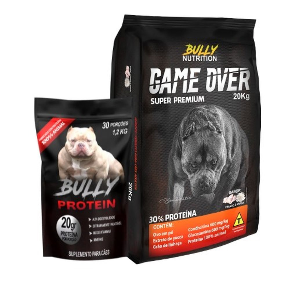 Ração Super Premium Game Over 20kg + Suplemento Bully Protein 1,2Kg + Moringa Dog 60g