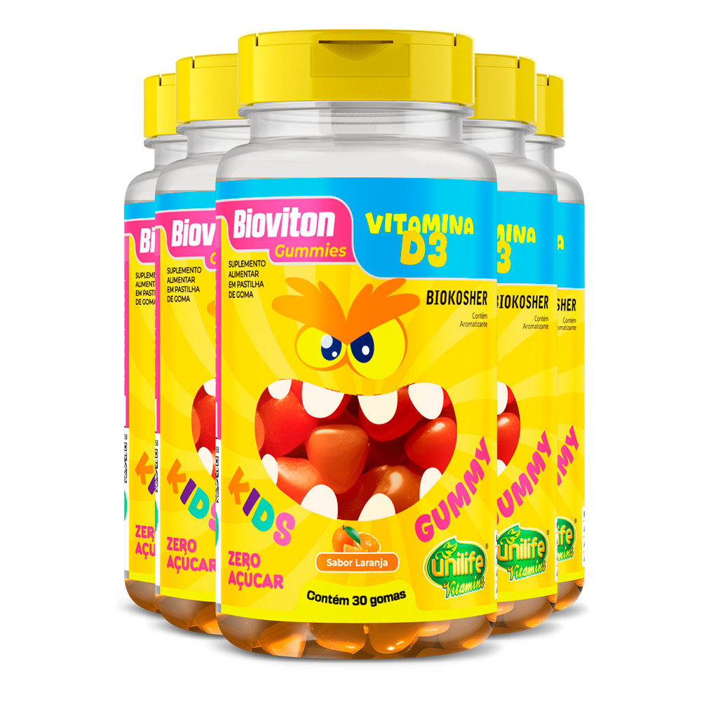 Kit 5 Gummy Kids Vitamina D3 Unilife 30 gomas Laranja