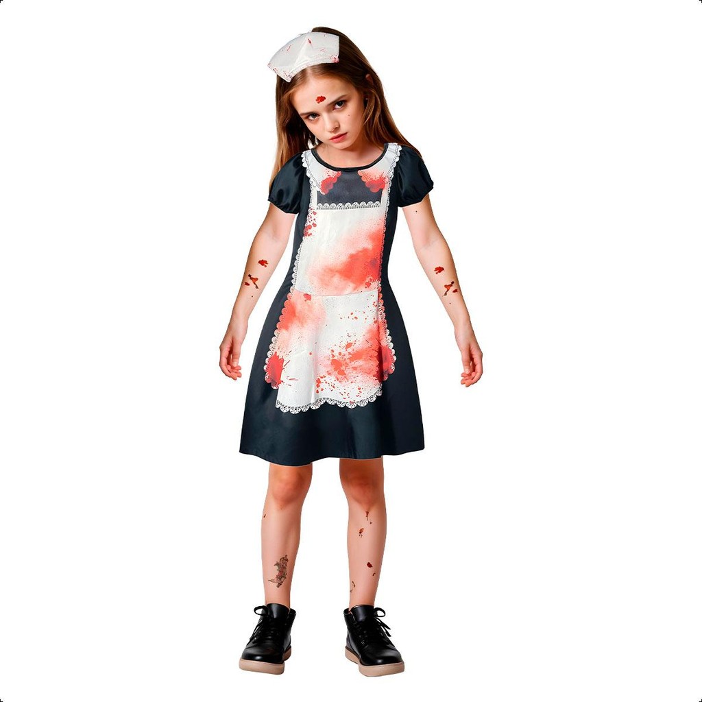 Fantasia Infantil pra Meninas de Halloween Uniforme Empregada Assassina com Tiara e Sangue em Oferta na Shopee