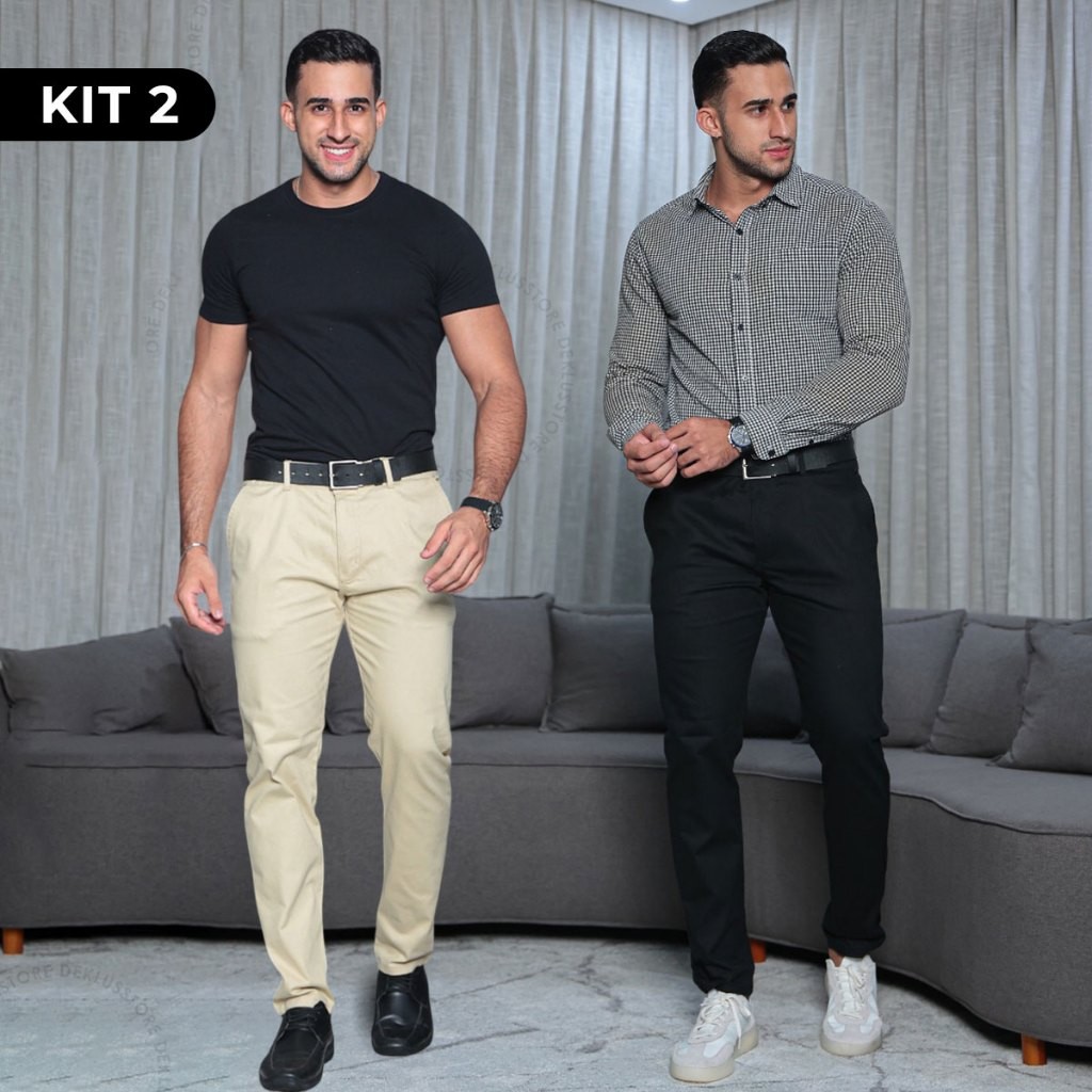 Kit 2 Calça Masculina Alfaiataria Sarja Elastano Preta Bege Esporte Fino Estilo Social