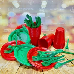 Kit Festa 50 PESSOAS DESCARTAVEIS NATAL GARFO + PRATO + COPO VERDE E VERMELHO (CHOCO)