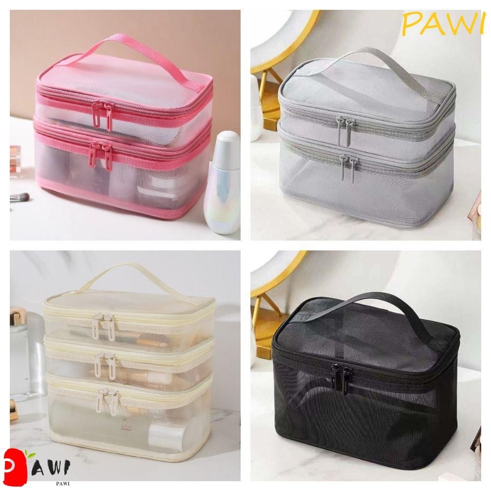 PAWI Mesh Cosmetic Bags , Zipper 1/2/3 Camadas Saco De Armazenagem De Dupla Camada , Maquiagem Casual Transparente De Grande Capacidade Perspectiva De Lavagem Viagem