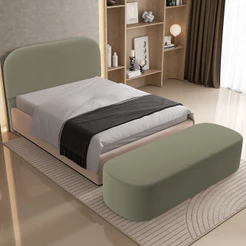 Cabeceira Cama Box Casal Queen 160cm Lanna com Puff Recamier Doha W01 Bouclê Oliva - Lyam Decor