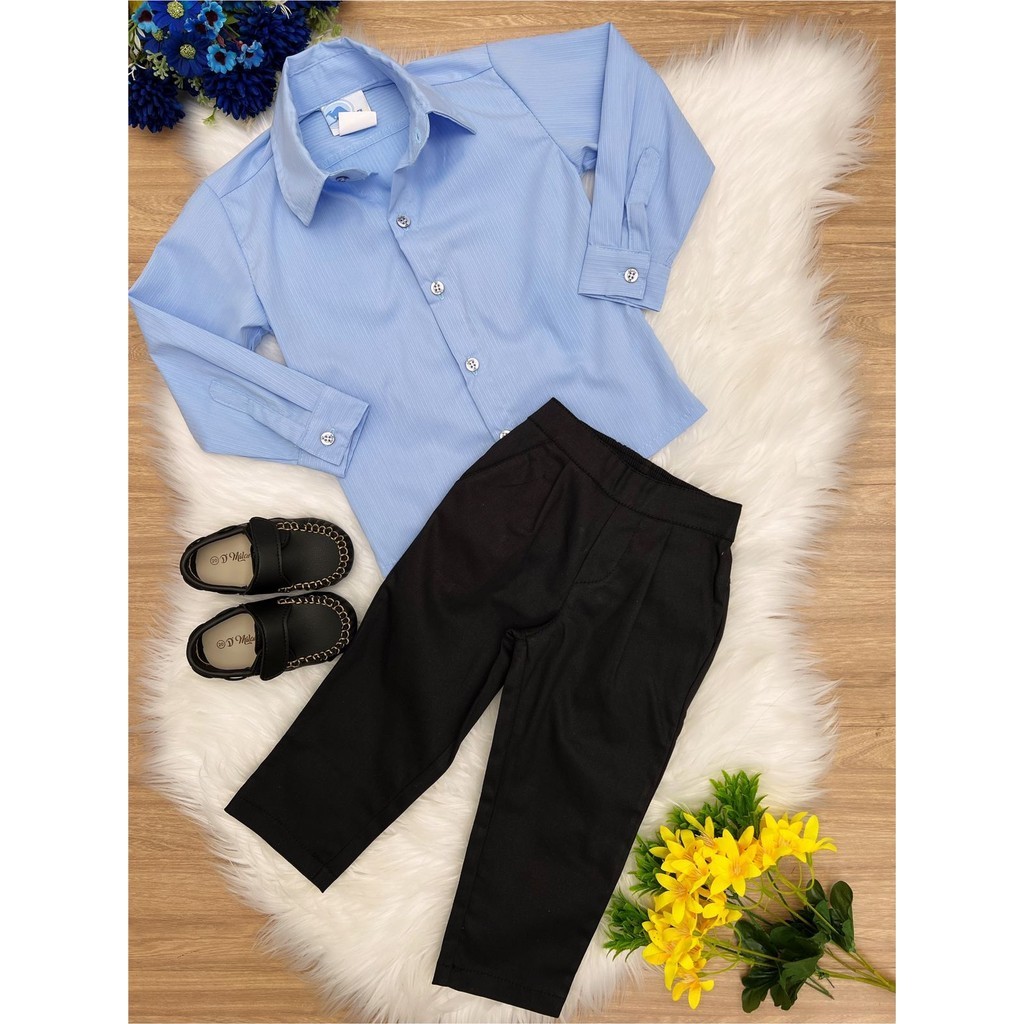 Conjunto Social Para Pajem Príncipes e Formaturas Camisa Azul e Calça Sarja Preto