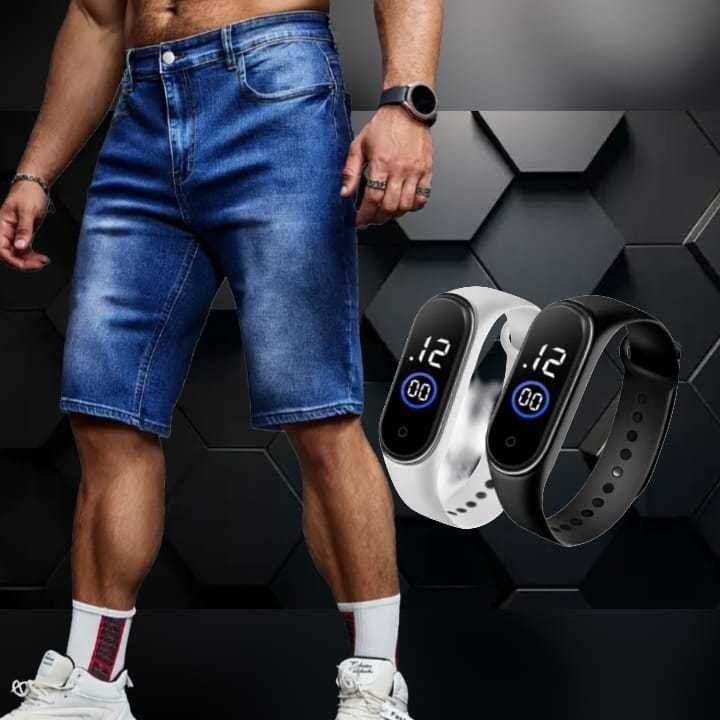 Bermuda Jeans Masculina Rasgada ou Lisa com Lycra+ relogio m4 prova dagua  Promoção de Final de Ano
