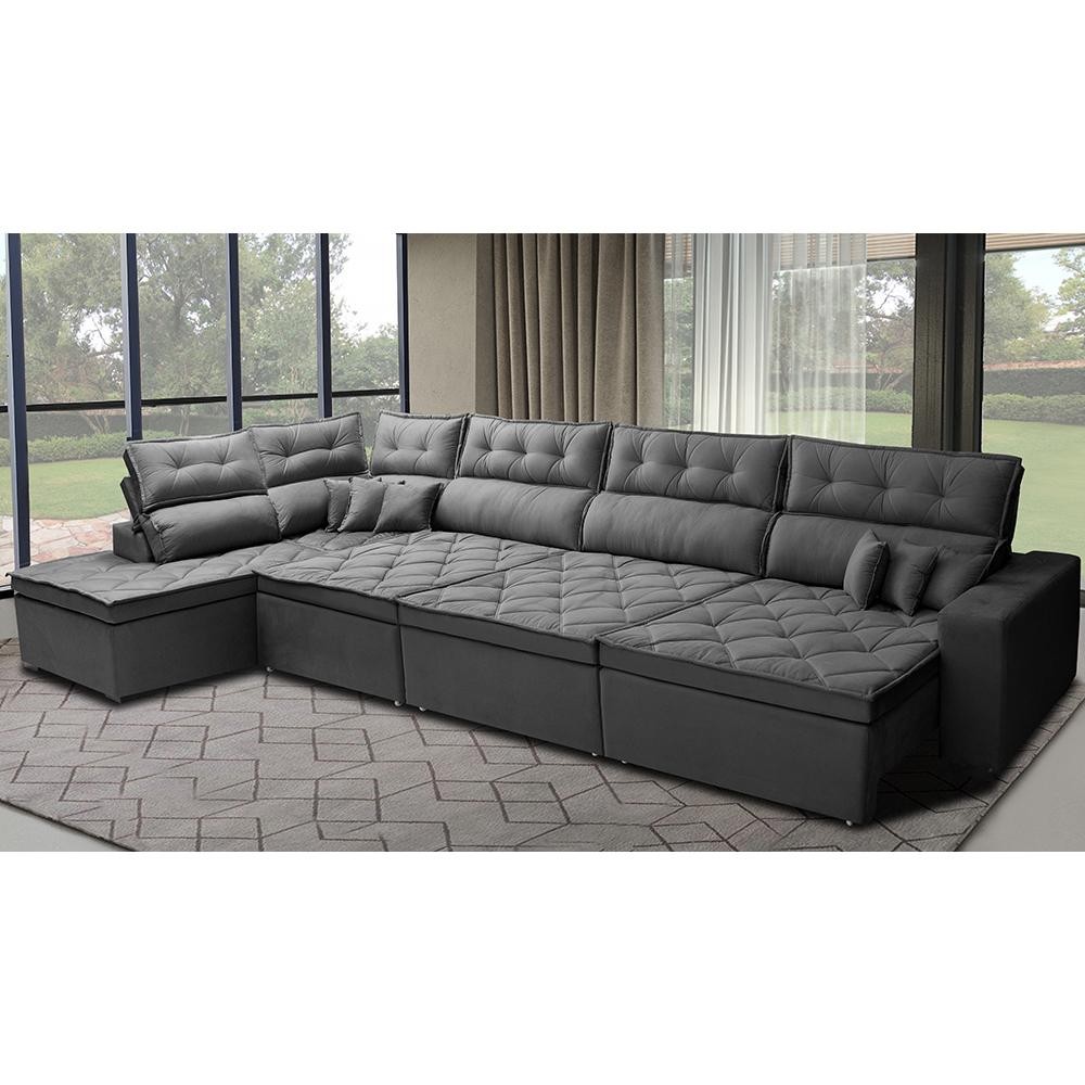 Sofá de Canto 4,80x2,36m Retrátil e Reclinável com Molas Cama inBox Platinum Esquerdo Suede Cinza - Home & Living