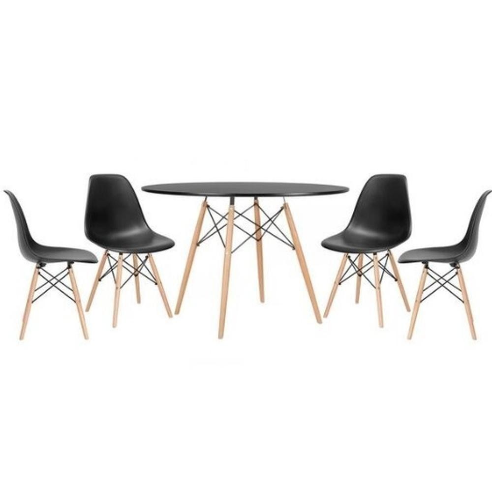 Conjunto De Mesa De Jantar Eames Eiffel Redonda 110cm Tampo De Madeira Preto Com 4 Cadeiras Pretas - Home & Living