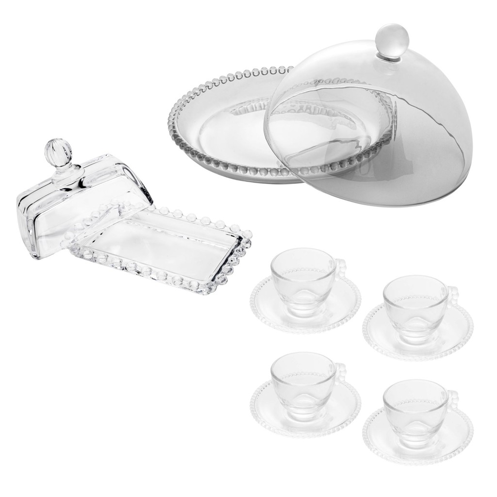 Kit Jogo de 4 Xícaras de Café, Queijeira com Tampa e Manteigueira de Cristal Pearl Wolff - Home & Living