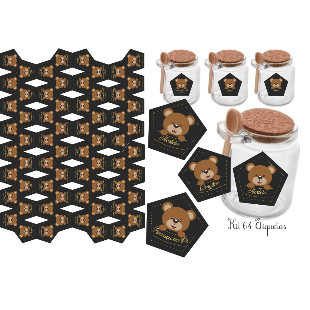 Kit 64 Adesivos tag rotulo etiqueta 3,8X3,6CM à Prova d'Água Água para Potes Tempero Design em Ursinho Bandeirinha e Cor Preta Vibrante Organização  e  Estilo Duradouros para Sua Cozinha Potes de Tempero na Cor Preta Para Seu Vidro Pote tubete condimento
