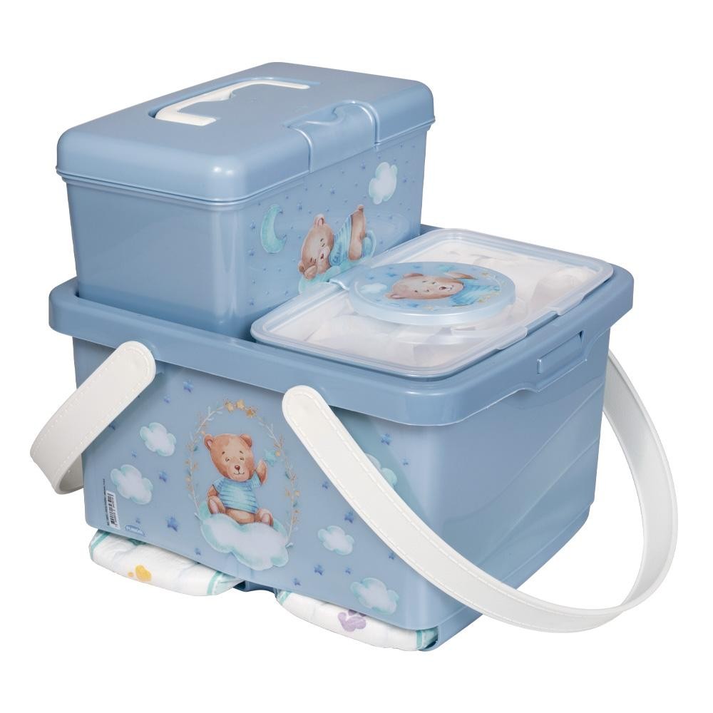 Kit Trocador Urso Azul 3 Peças Bebê Enxoval Lenço Fralda Caixa Plasútil em Oferta na Shopee