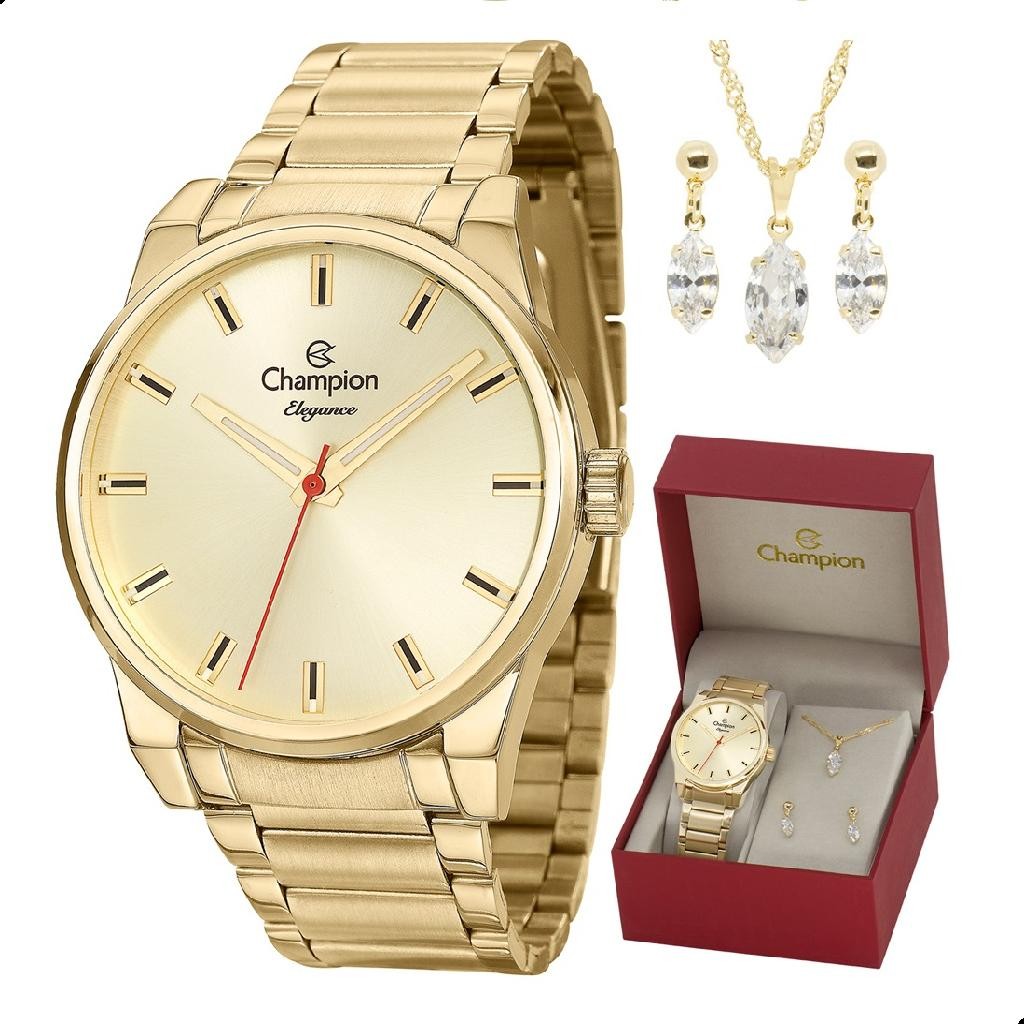Imagem Relógio Champion Feminino Analógico Dourado Colar e Brincos Original Tendência Mulher CN27590X