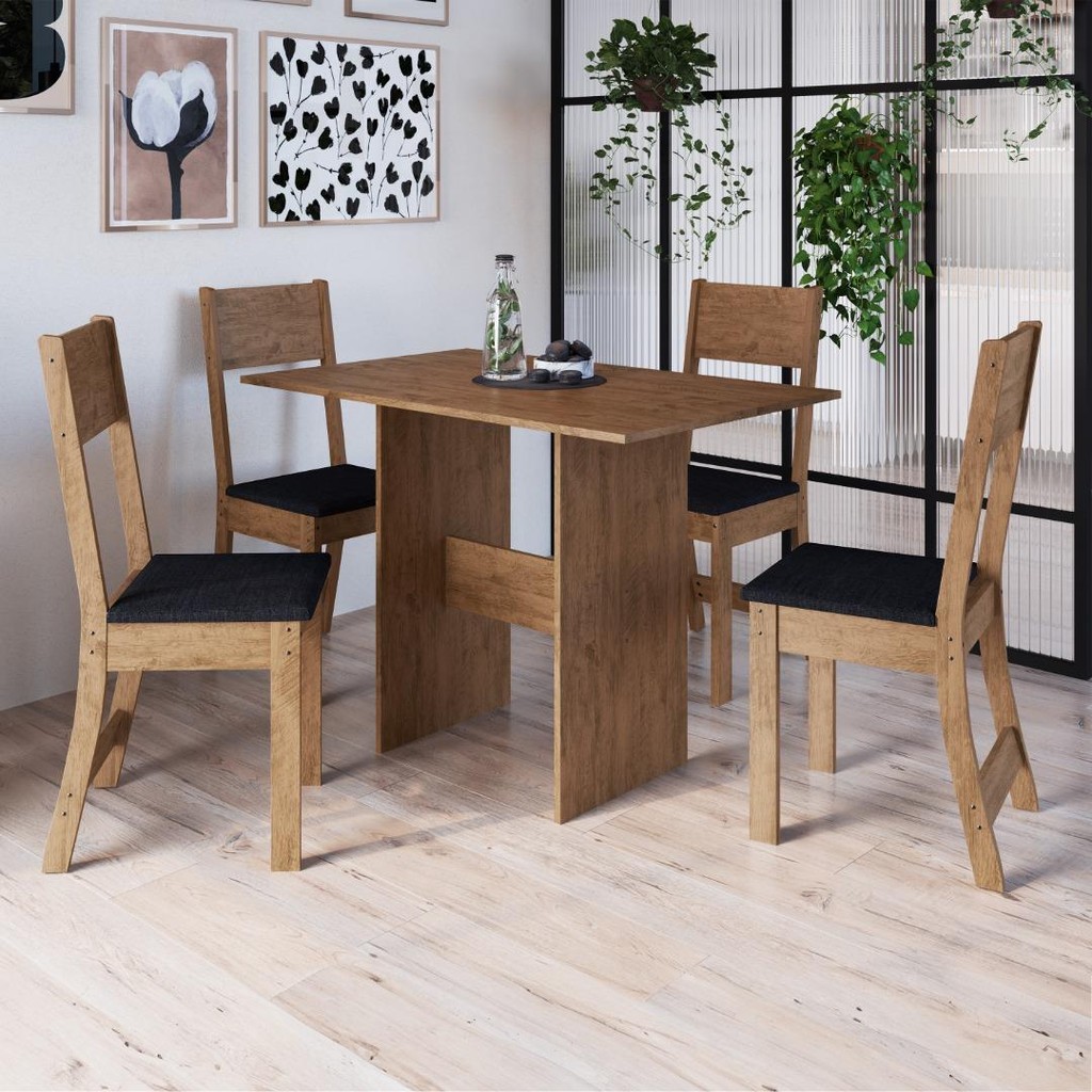 Conjunto Sala de Jantar Fidelitá Siena Com 4 Cadeiras Noce Assento Preto - Home & Living