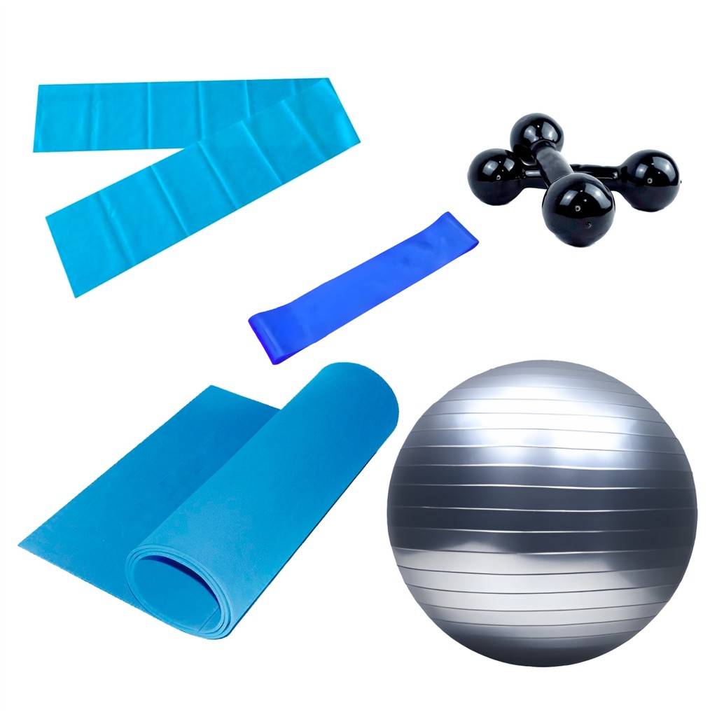 Kit Pilates Tapete EVA 1,20m + Faixa Elástica Média  + Mini Band Média + Bola Suiça 75cm + Par de Halter de 1KG