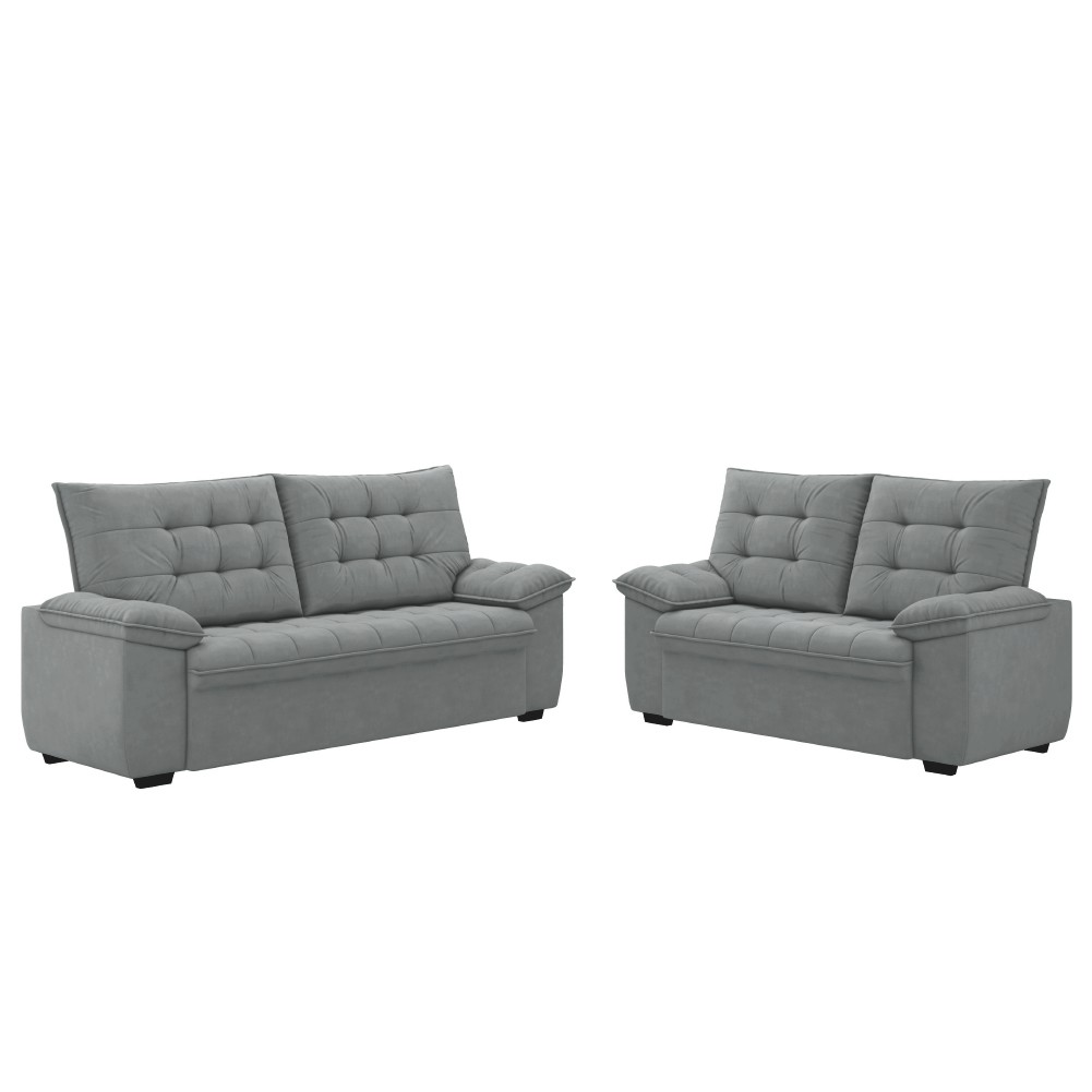 Conjunto de Sofá 2 e 3 Lugares Bertioga Veludo Cinza Luizzi em Oferta na Shopee