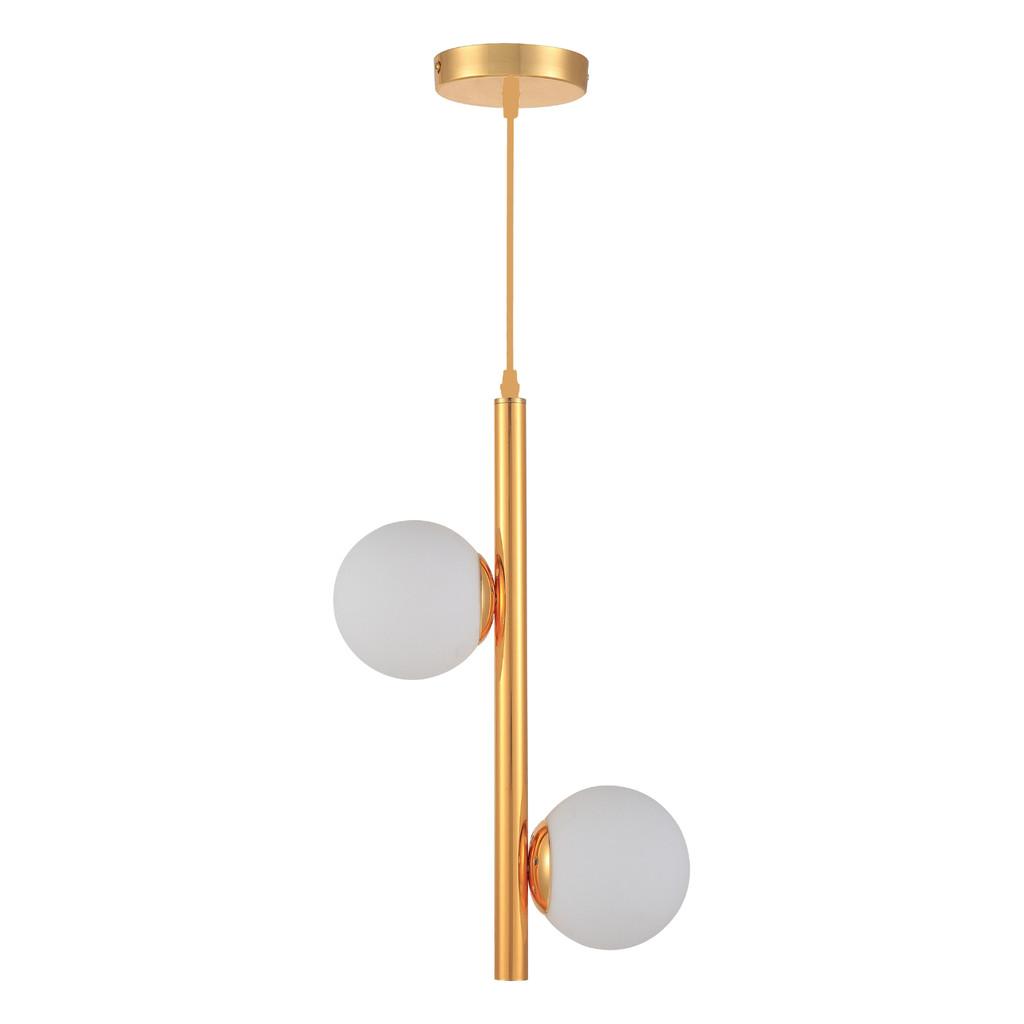 Luminária Pendente Lustre Jabuticaba Dourado 2 Bolas Globo Esfera Opaco Leitoso Moderno Luxo INL115