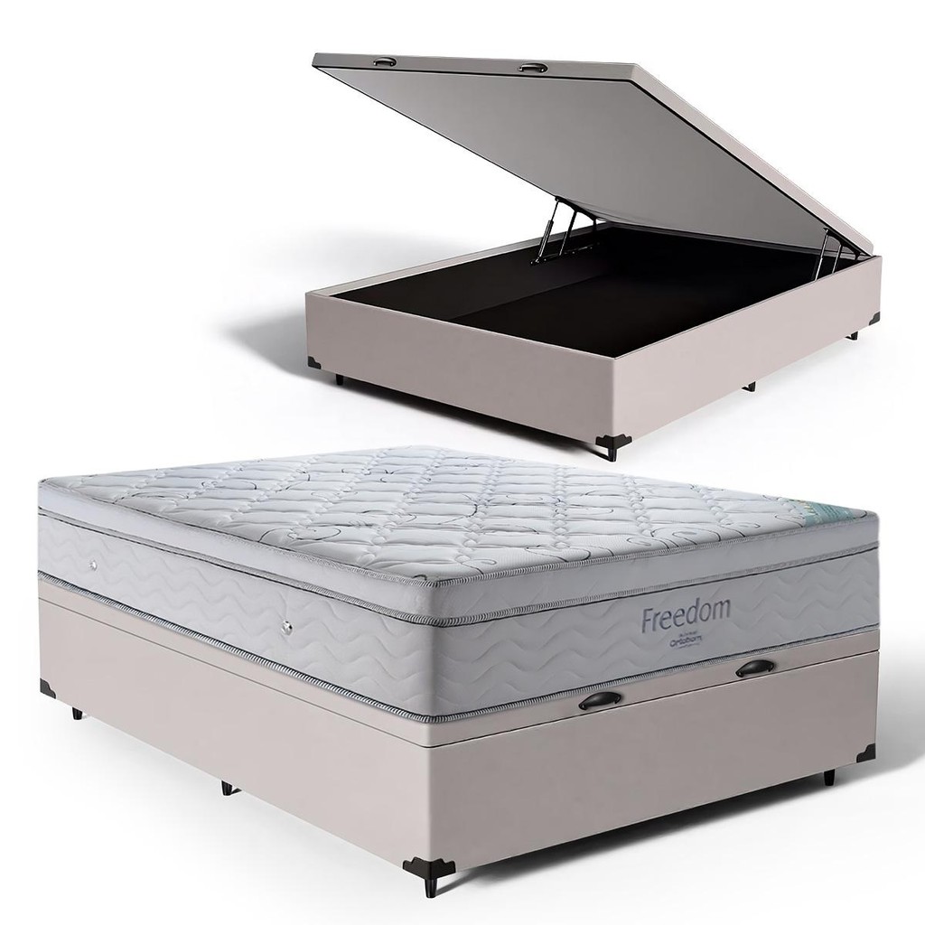Cama Box Baú com Colchão de Molas Ensacadas D33 Pillow In Ortobom Freedom Casal 138cm - Home & Living
