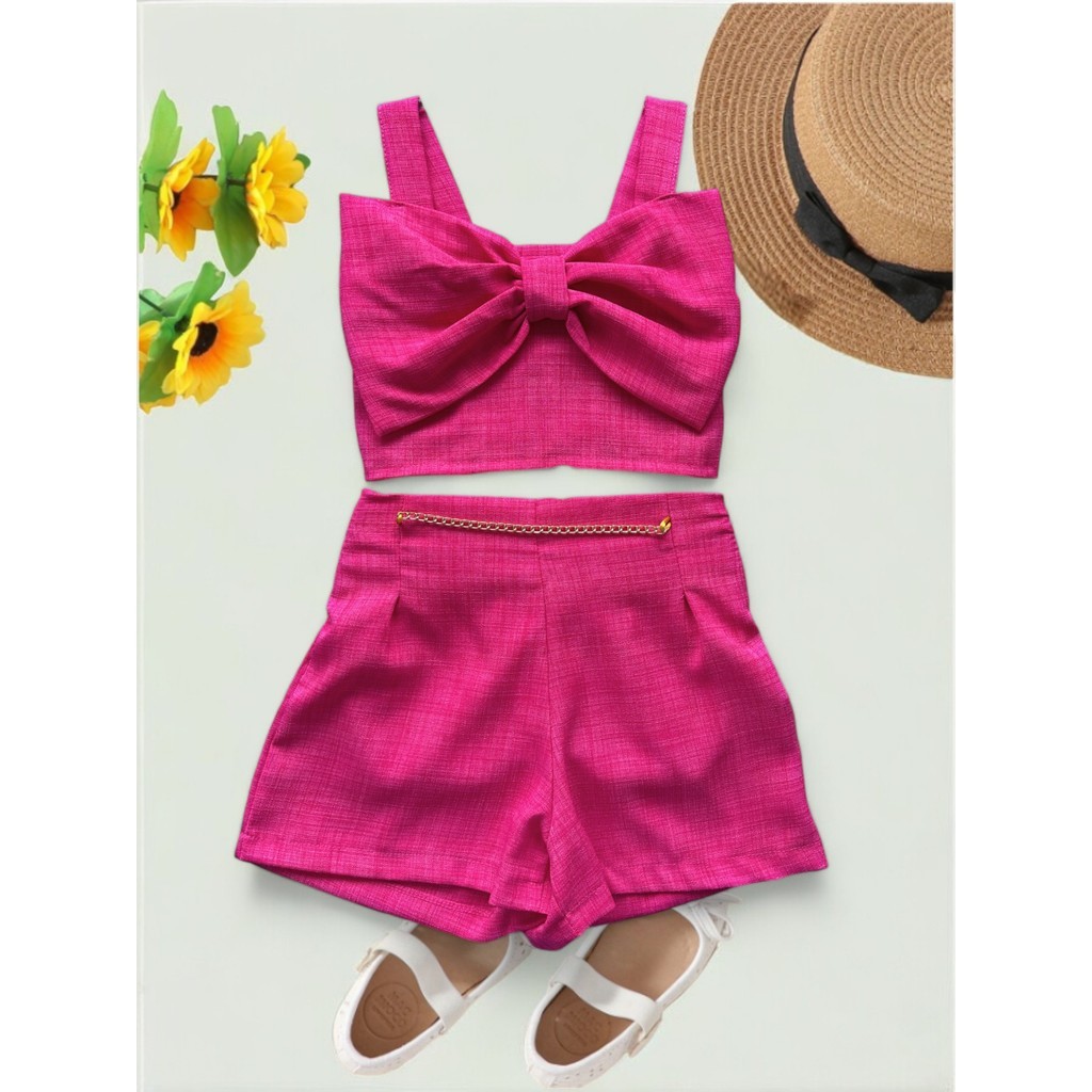 Conjunto Linho Infantil Feminino Menina de Laço Linho Premium Blusa Top Cropped comLaçoeShortcomCorrenteModaBlogueirinha