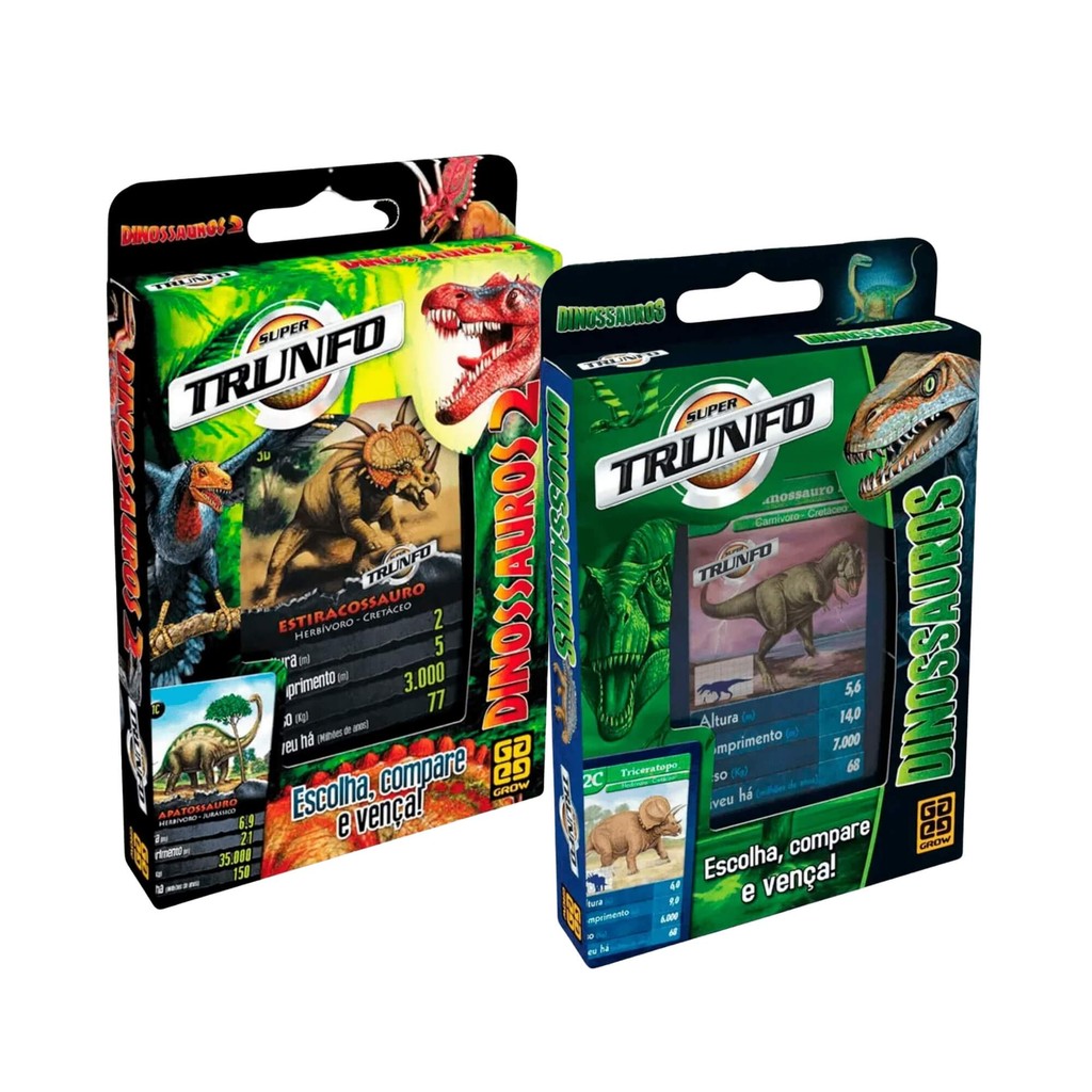 Kit 2 Jogos Super Trunfo Dinossauros Grow com 32 Cartas Cada + Caixa Plástica