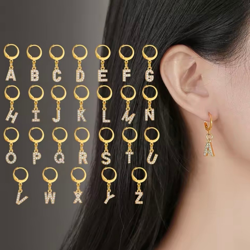 Brincos femininos de alta qualidade com pingentes das letras A - Z incrustados com zircônia em Oferta na Shopee
