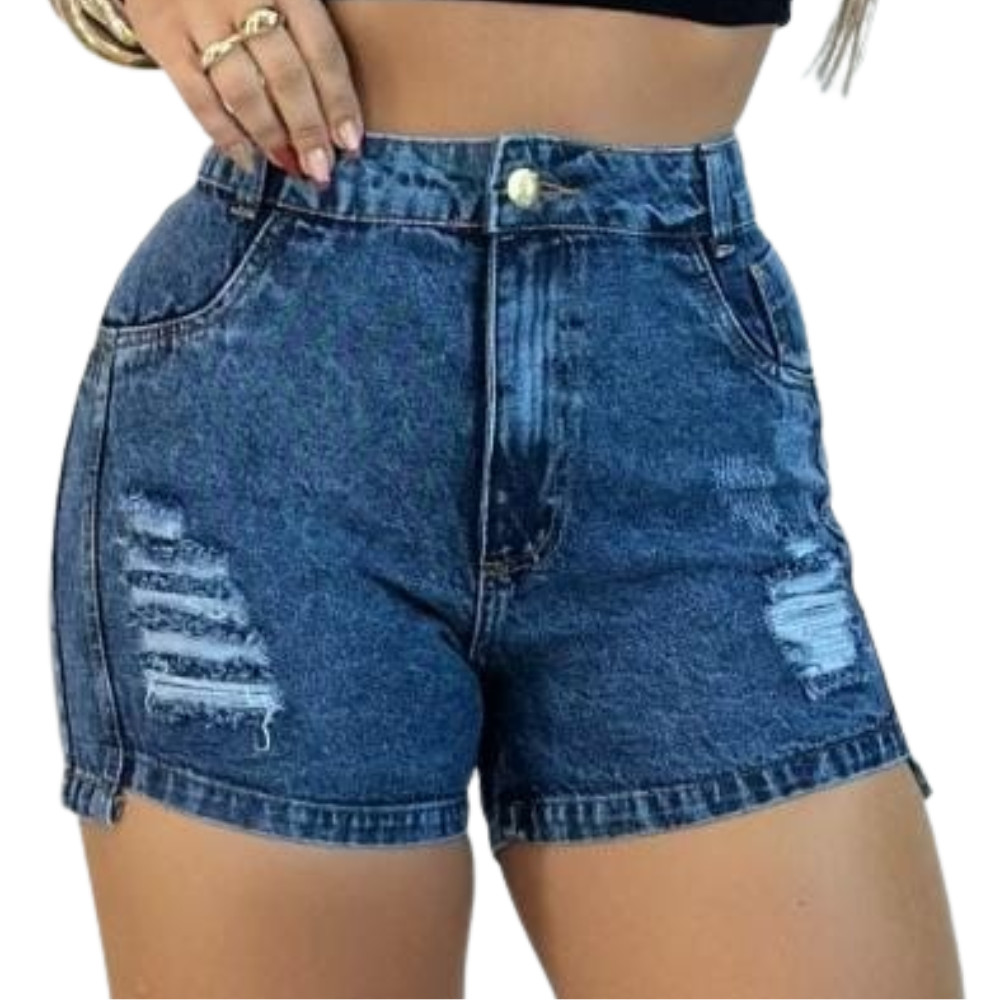Short Jeans Feminino Cintura Alta Destroyed 100% algodão