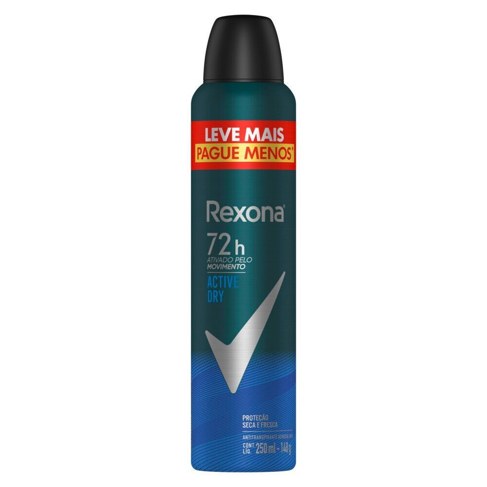 Desodorante Antitranspirante Aerosol Rexona Active Dry 72 horas 250ml - Beauty