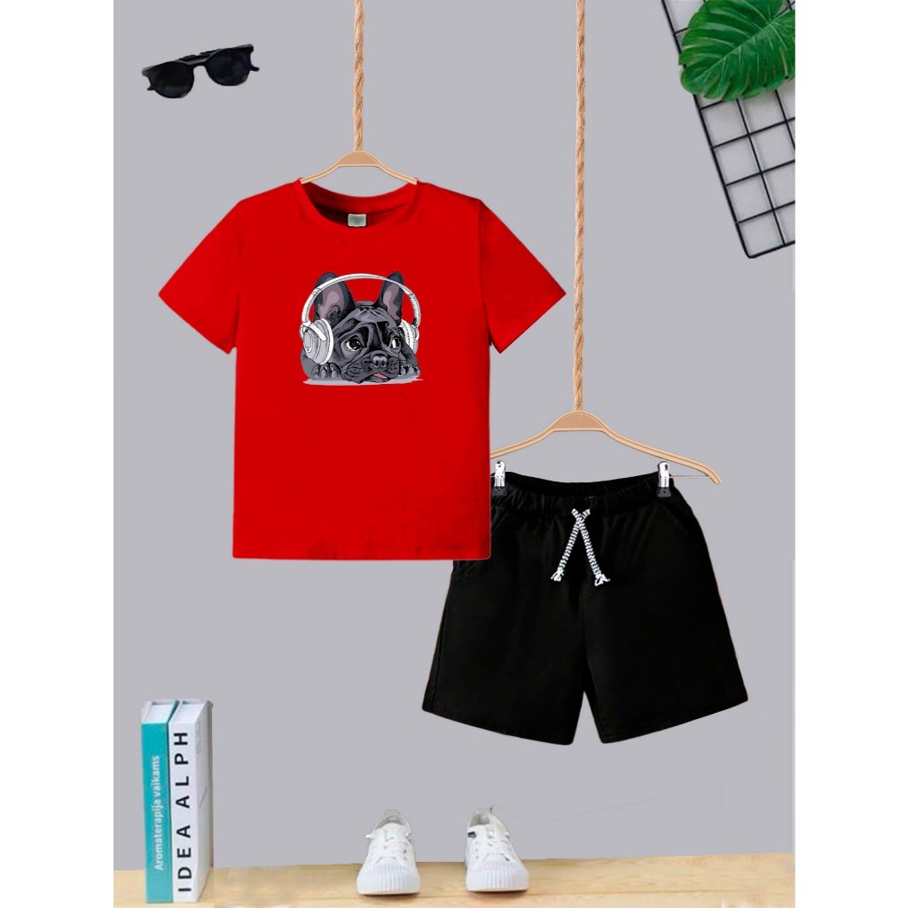 Kit Camiseta + Short com Bolso Conjunto Juvenil Infantil Algodão Confortável Dog Fone Estiloso Roupa