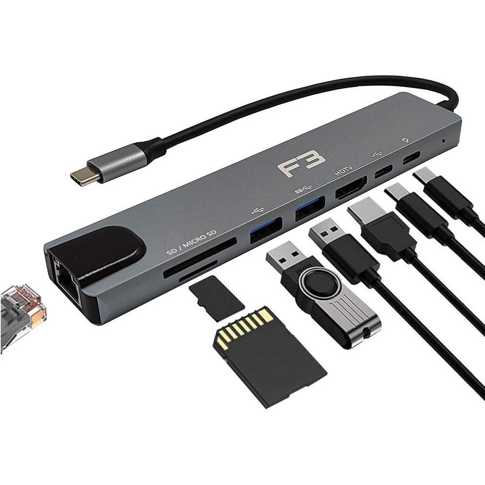 Hub Adaptador Type-c 8 Em 1 Hdmi 4k Lan Usb 3.0 Sd Tf