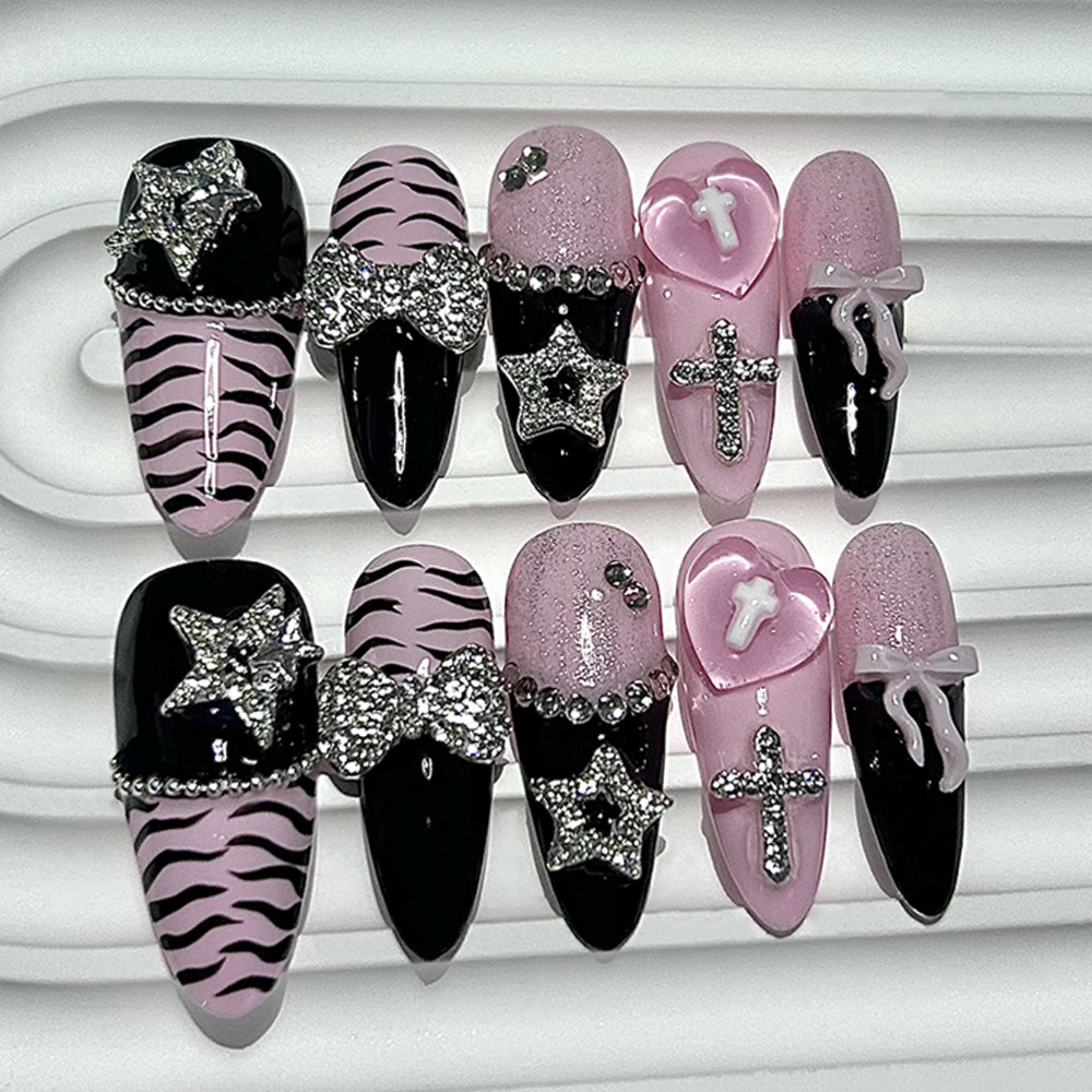Y2K Baddie Gyaru Preto Rosa Ponta Longa Prensa Francesa Em Unhas Doce Legal Escuro Jirai Nail Art 3D Arco Estrela Cruz A em Oferta na Shopee