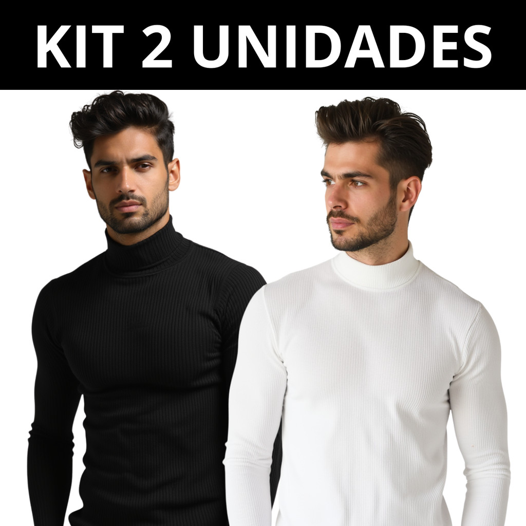 Kit com 2 Cacharrel Blusa Masculina Canelada Gola Alta Camiseta Manga longa de frio