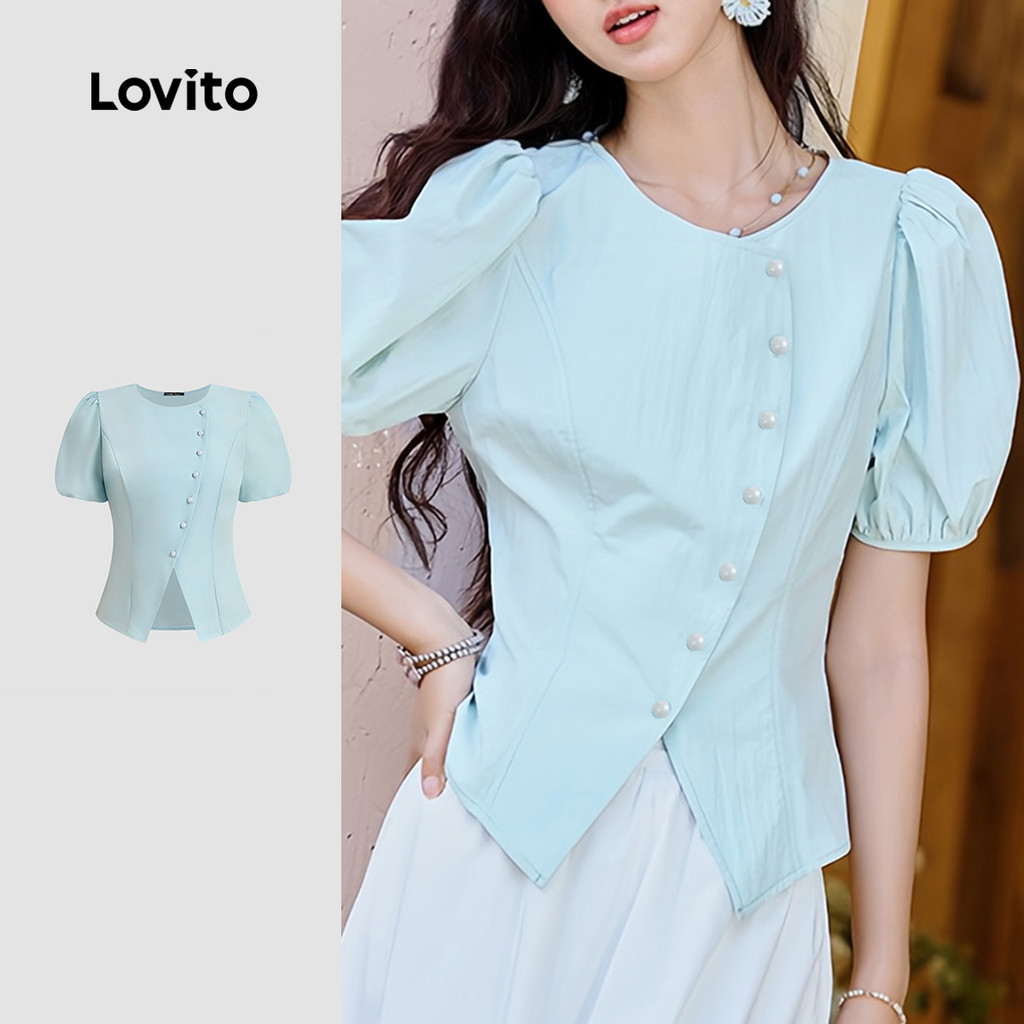 Lovito -  Blusa Casual de Botões para Deslocamento Fresca e Confortável Blusa Azul e verde L138AD993 - Women Clothes