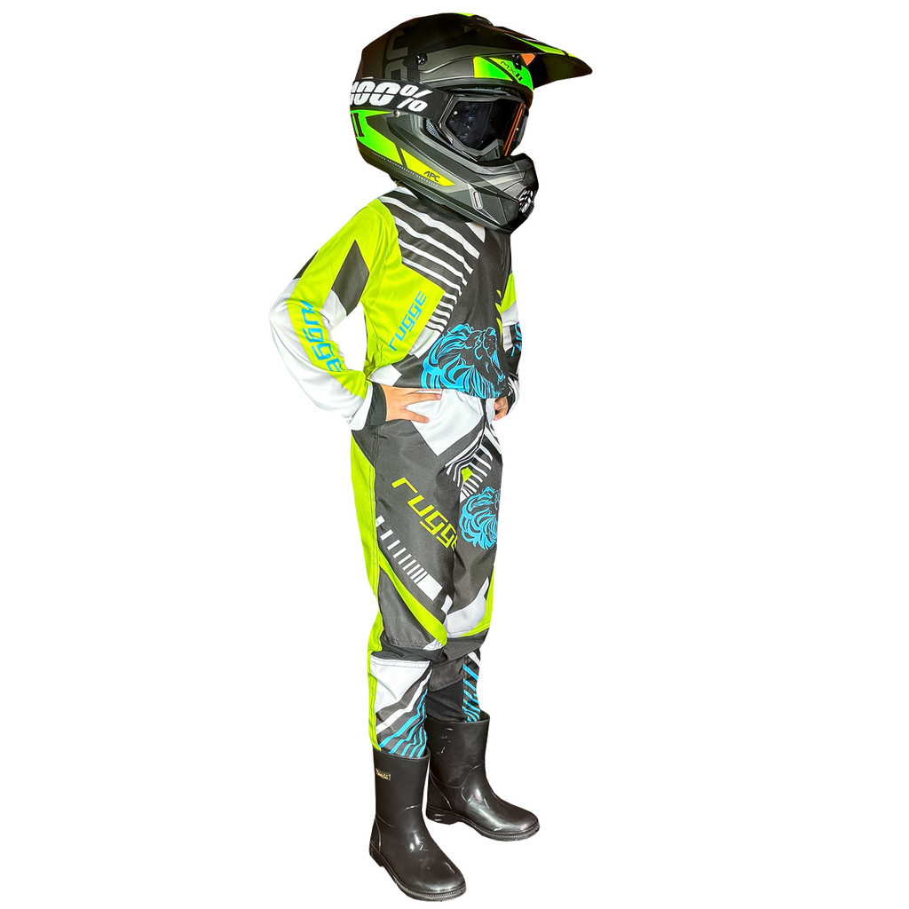 CONJUNTO ROUPA FARDA INFANTIL RUGGE MOTOCROSS TRILHA OFF-ROAD PRETO NEON BRANCO