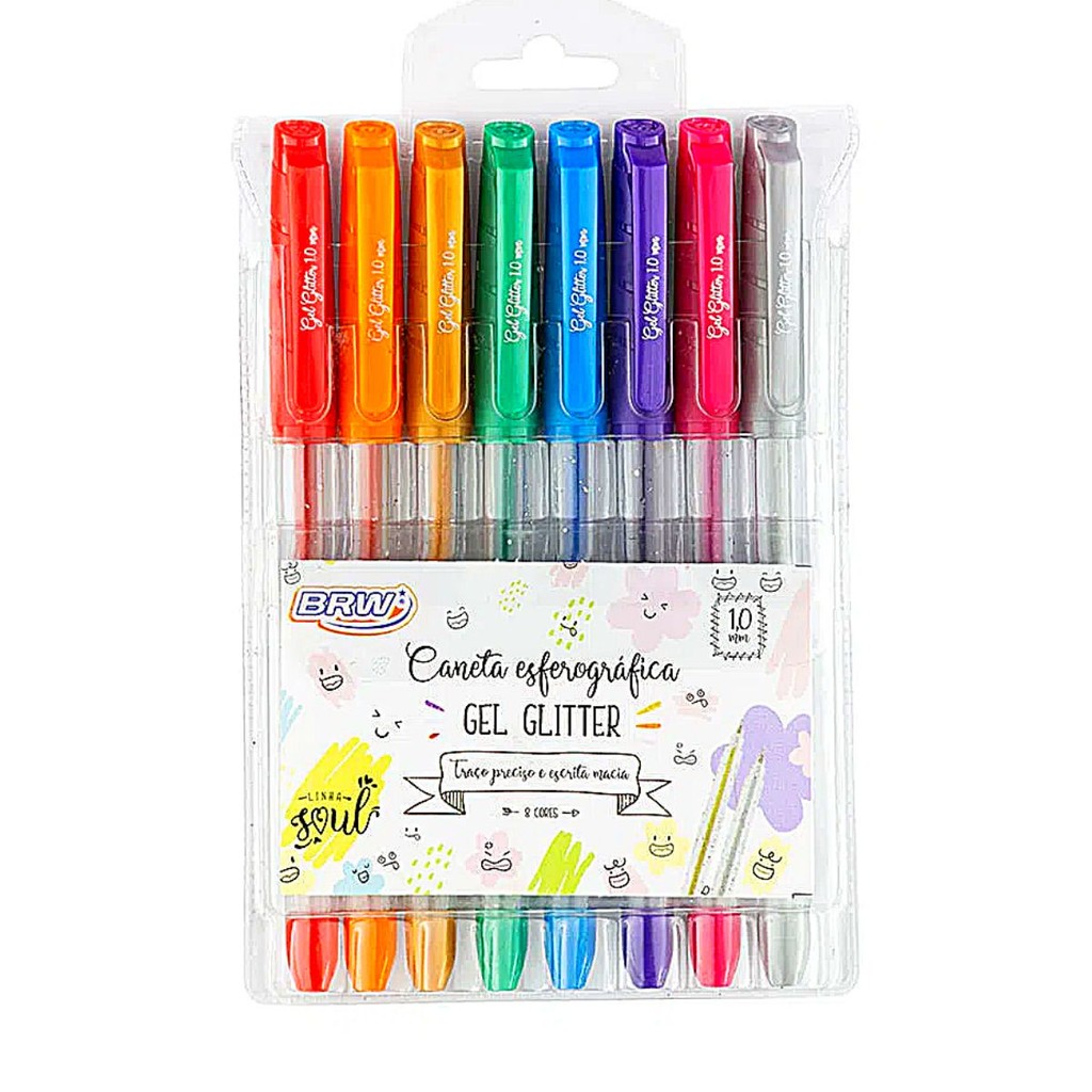 Kit com 8 Canetas Esferográficas Sortidas Em Gel Gliter 1.0mm - BRW em Oferta na Shopee