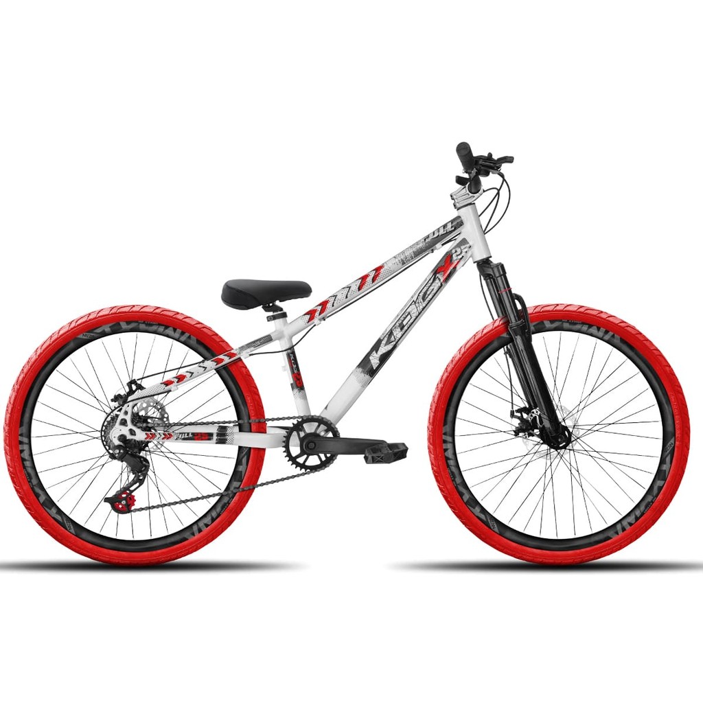 Bicicleta aro 26 KOG Freeride 1x7 Branco e Vermelho Vmaxx Preto Fosco - Pneus Vermelho - Mesa Curta Prata - Guidão Preto