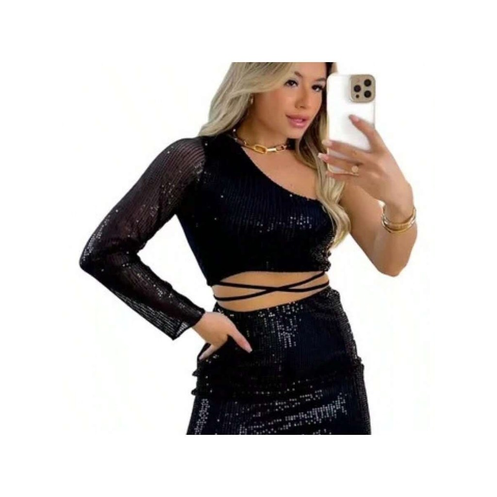 Conjunto Saia Paetê + Cropped Paetê De Uma Manga Longa