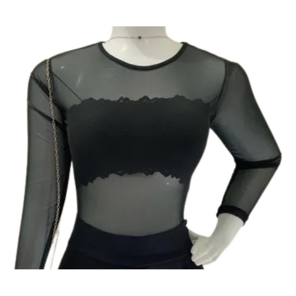 Conjunto Body Tule Preto Manga Longa + Cropped top faixa Renda alcinha