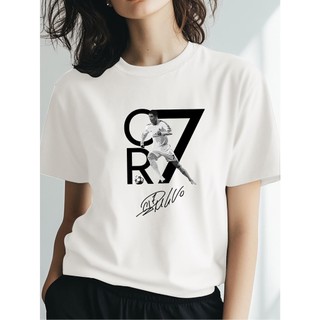 Camiseta feminina casual preta de manga curta com estampa gráfica do Cristiano Ronaldo CR7