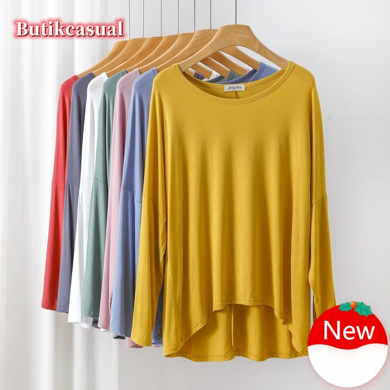 Mulheres Manga Morcego Camisetas modal Algodão Topo 2025 Verão Longa Simples Solto Camiseta Blusa Casual